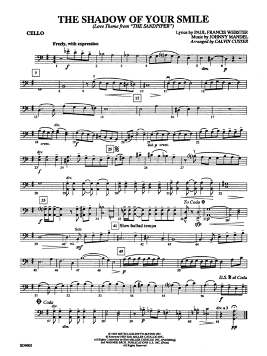 The Shadow of Your Smile (from The Sandpiper): Cello String Orchestra scores gallery preview page 1