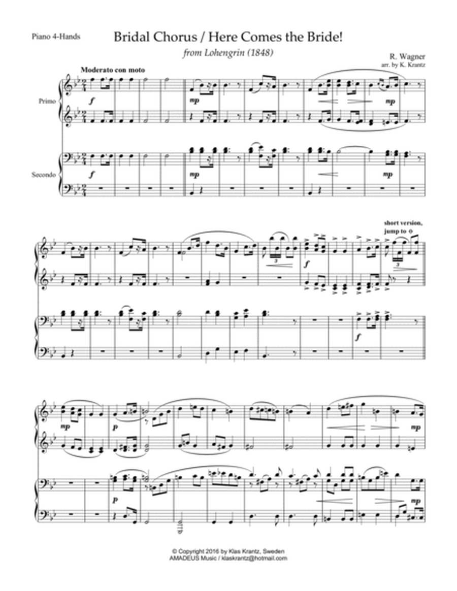 Bridal Chorus / Here Comes the Bride! for 1 piano, 4 hands (piano duet) image number null