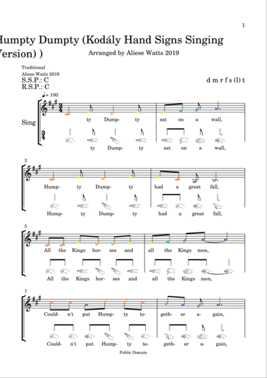 Humpty Dumpty (Kodály Hand Signs Singing) Voice scores gallery preview page 1
