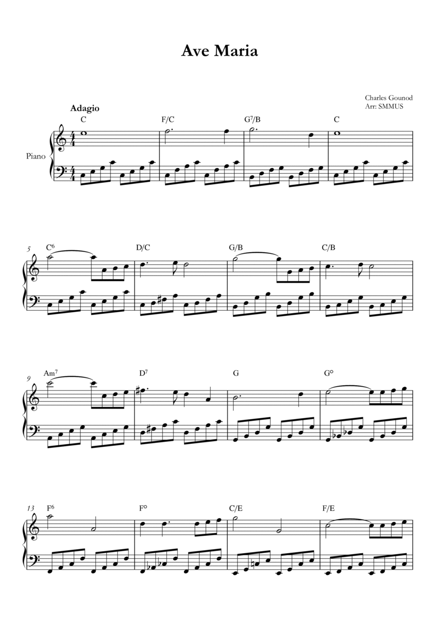 Ave Maria (Bach-Gounod) in C Major for Piano With Chords Piano Method scores gallery preview page 1
