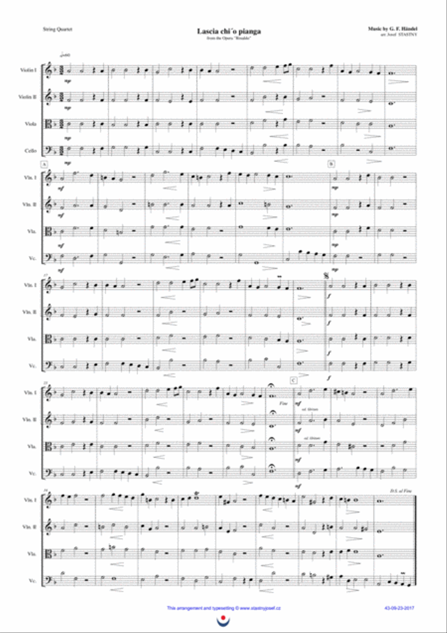 Lascia ch´io pianga (Handel) String Quartet scores gallery preview page 1
