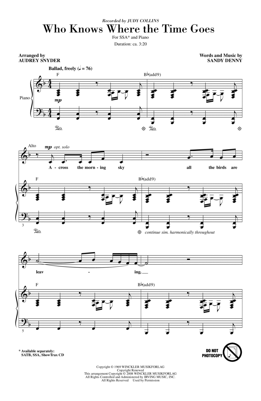 Who Knows Where The Time Goes by Judy Collins SSA Digital Sheet
