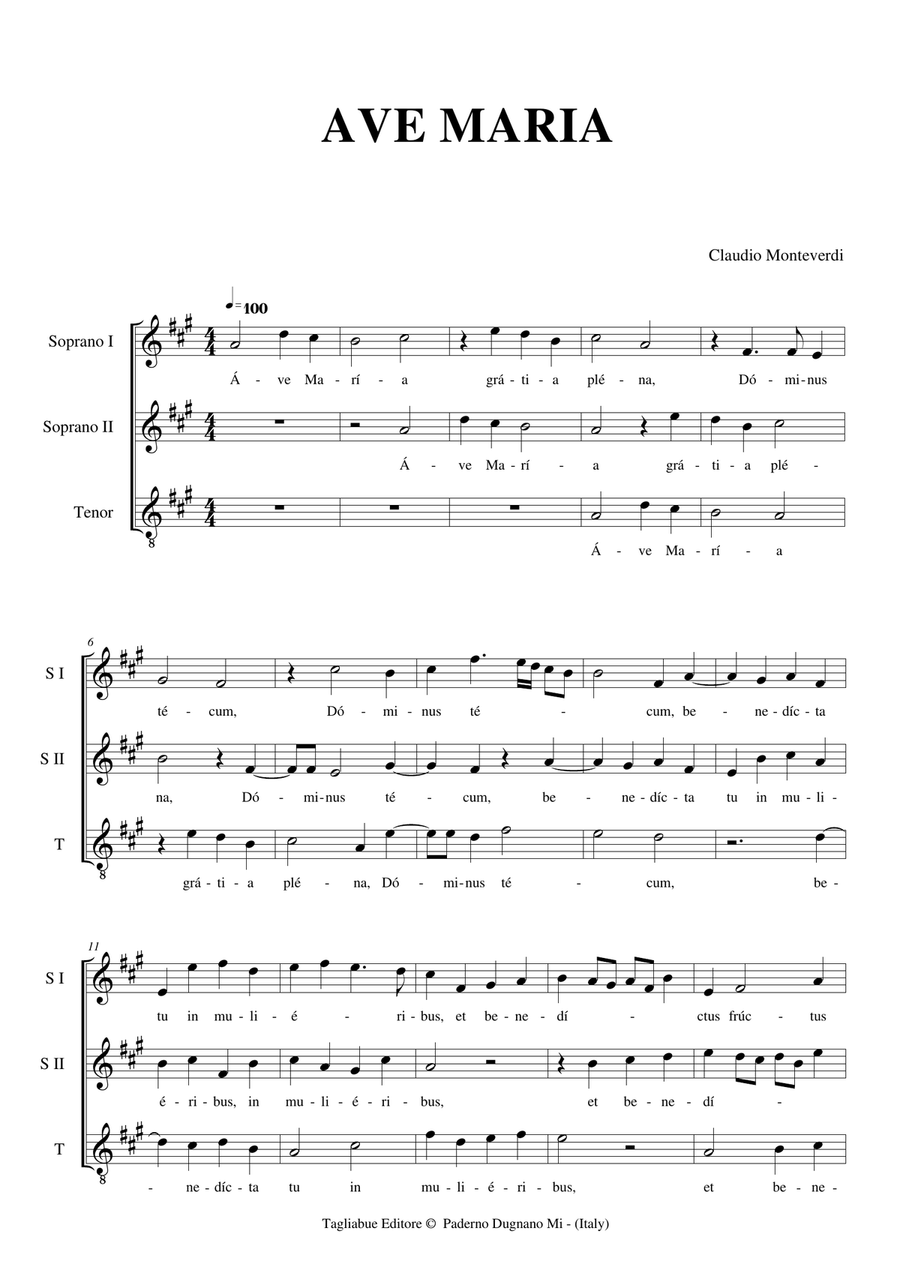 AVE MARIA - Claudio Monteverdi - Arr. for SST Choir - Score Only 3-Part scores gallery preview page 2