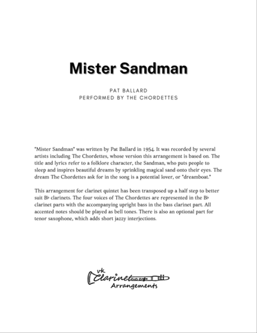 Mister Sandman Clarinet Quintet scores gallery preview page 2