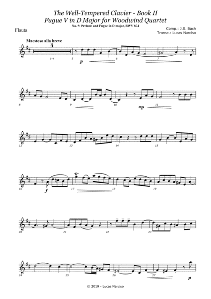 Fugue V - J.S. Bach - The Well-Tempered Clavier Book II - BWV 874 Woodwind Quartet scores gallery preview page 4