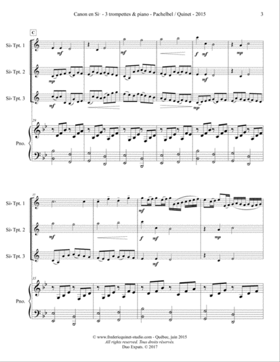 Pachelbel Canon - 3 Trumpets & Piano Trumpet Trio scores gallery preview page 5