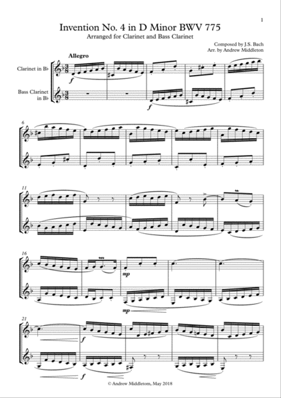 Invention No. 4 in D Minor for Clarinet & Bass Clarinet Clarinet Duet scores gallery preview page 1