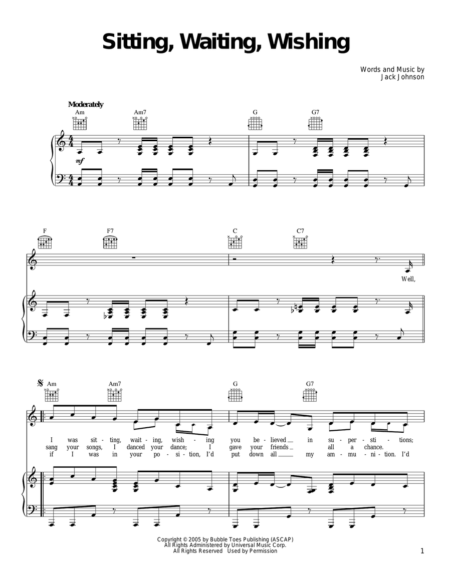 Sitting, Waiting, Wishing Piano, Vocal, Guitar scores gallery preview page 1