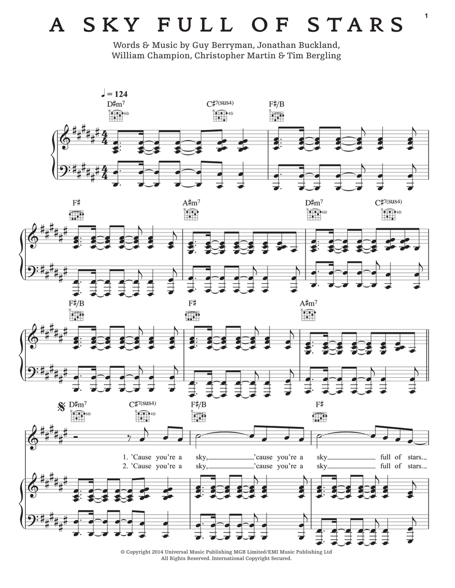 A Sky Full Of Stars Piano, Vocal, Guitar scores gallery preview page 1