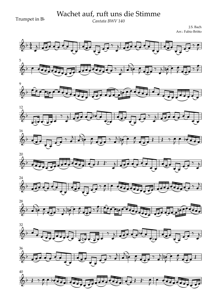 Wachet Auf BWV 140 J.S. Bach for Trumpet in Bb Solo by Johann