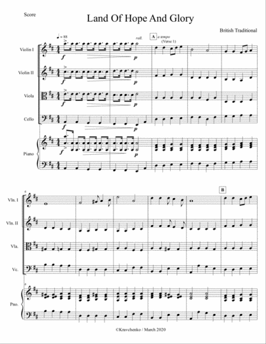 "Land of Hope and Glory" arr. for piano and string quartet (score and parts)