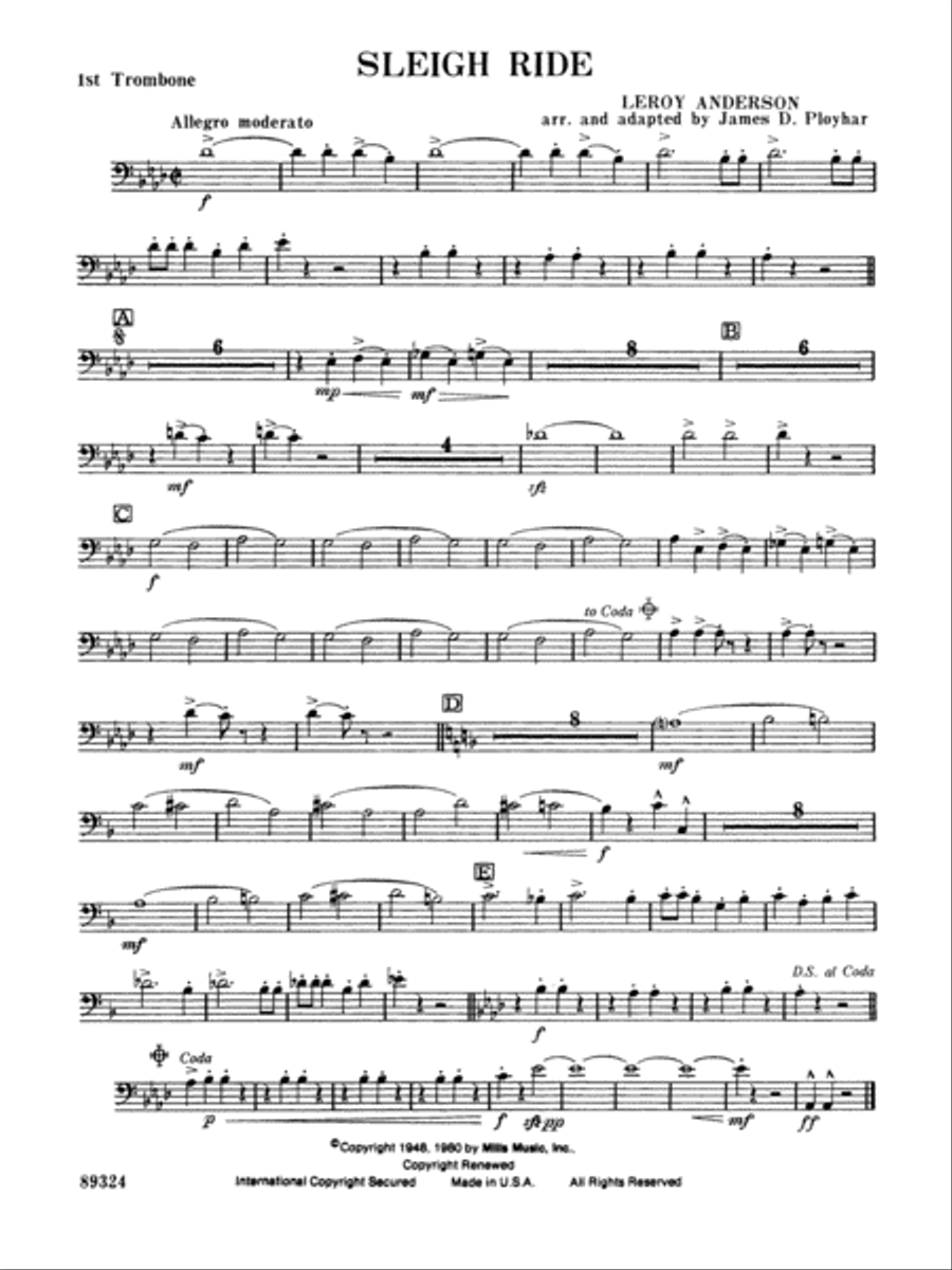 Sleigh Ride: 1st Trombone Concert Band scores gallery preview page 1