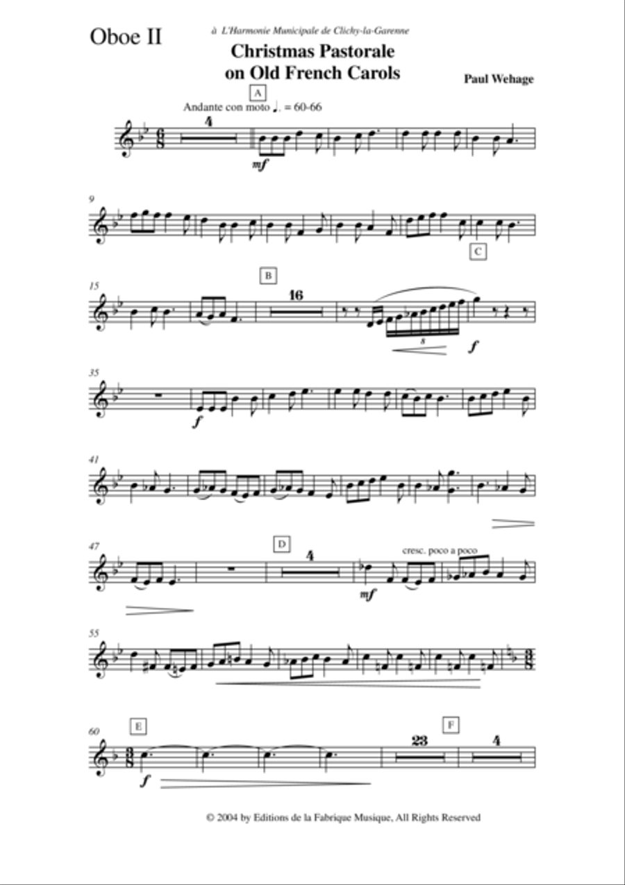 Paul Wehage: Christmas Pastorale on Old French Carols for concert band, oboe 2 part Concert Band scores gallery preview page 2