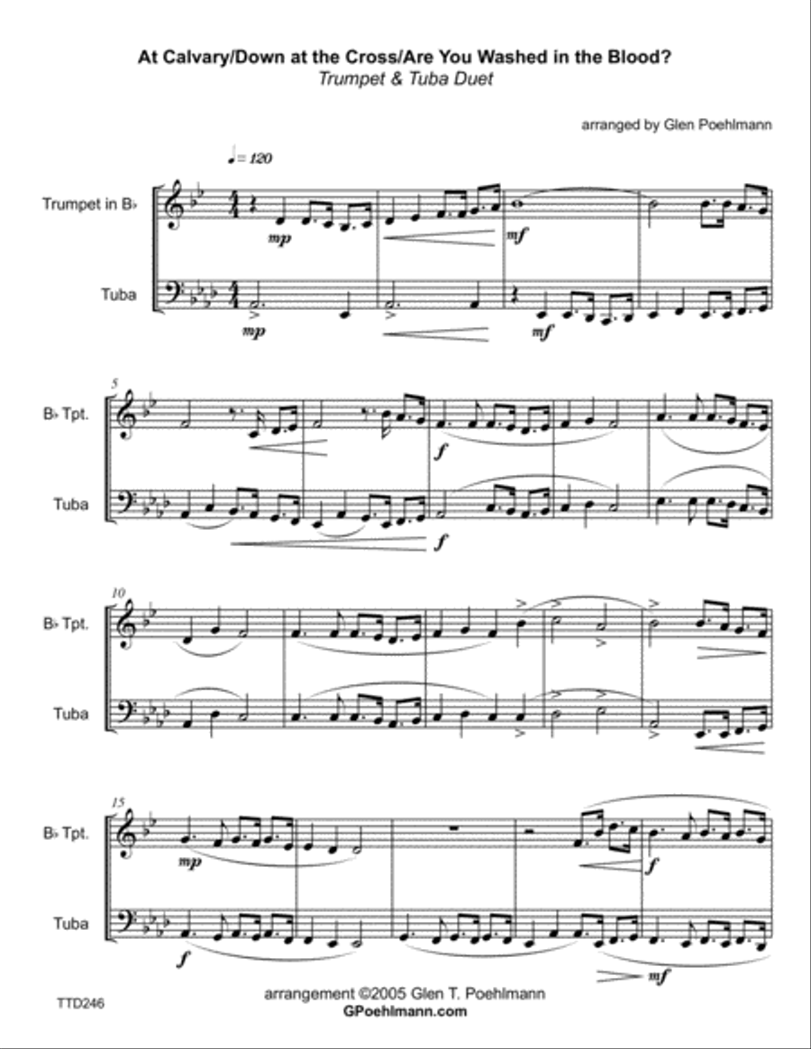 AT CALVARY/DOWN AT THE CROSS/ARE YOU WASHED - medley for TRUMPET & TUBA Brass Ensemble scores gallery preview page 1