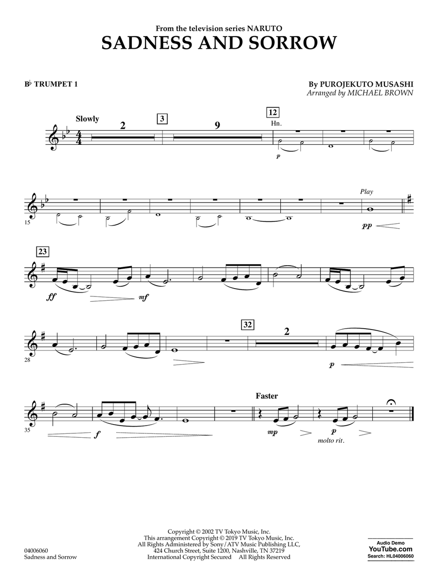 Sadness and Sorrow (from Naruto) (arr. Michael Brown) - Bb Trumpet 1 Concert Band scores gallery preview page 1