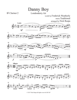 Danny Boy for Clarinet Quintet - B flat Clarinet 2 part