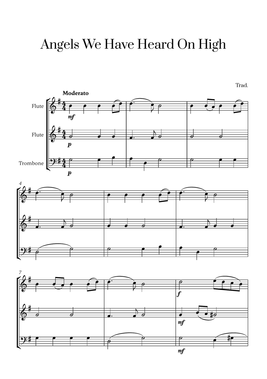 Angels We Have Heard On High (for 2 Flutes and Trombone) Flute Duet scores gallery preview page 1