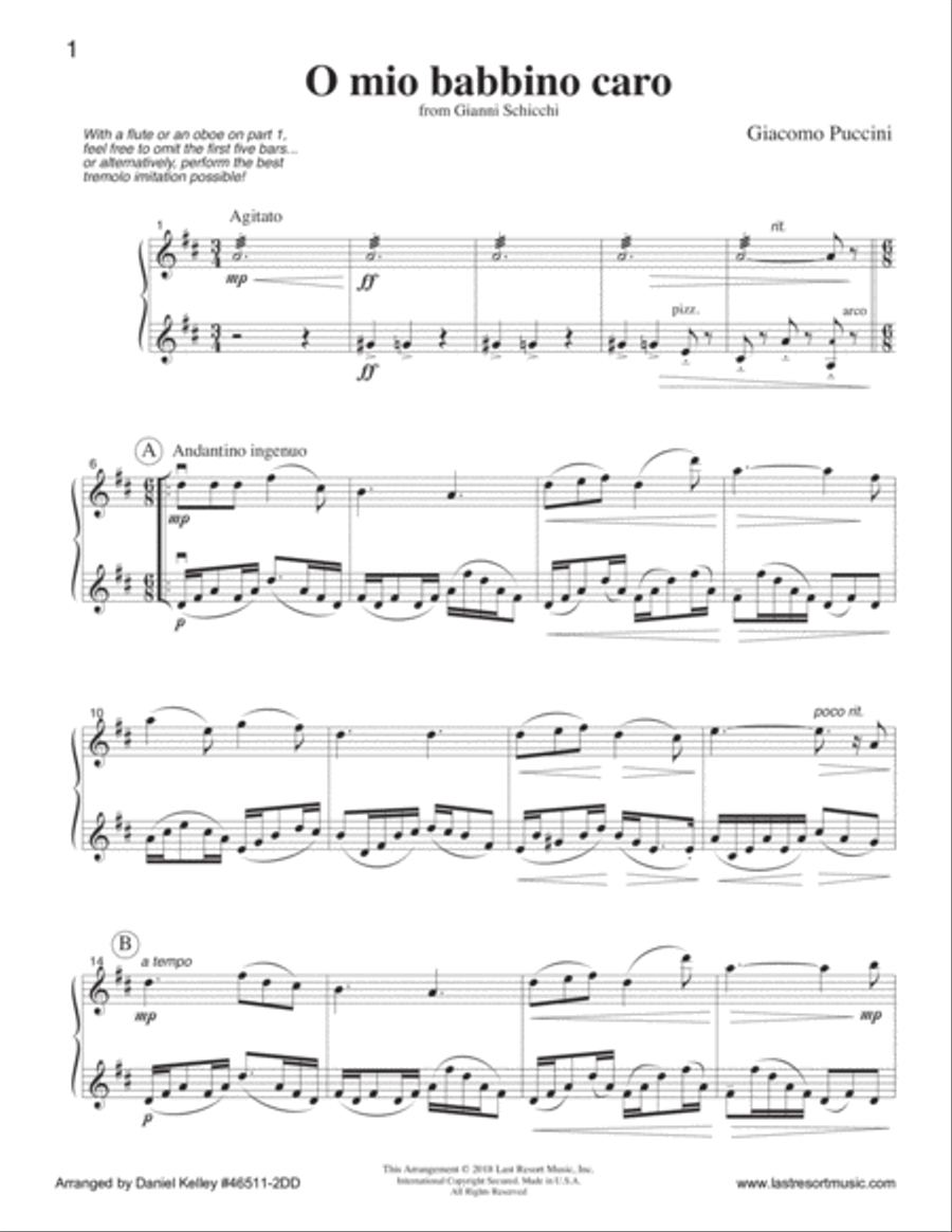 O Mio Babbino Carol from Gianni Schicchi for Violin & Flute (or Violin & Oboe) (or Flute & Oboe) Small Ensemble scores gallery preview page 2