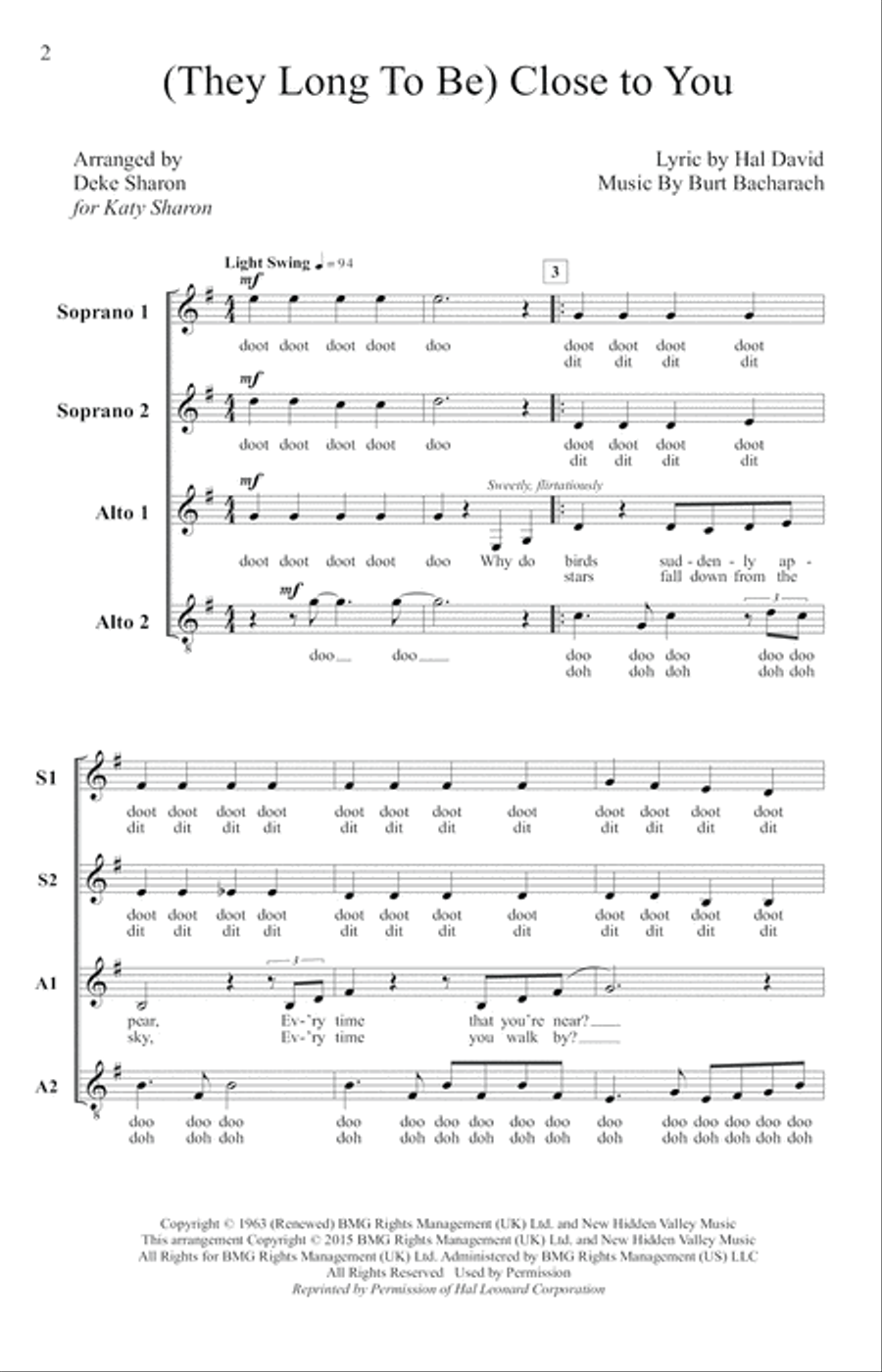 (They Long To Be) Close To You (arr. Deke Sharon) SSA scores gallery preview page 1