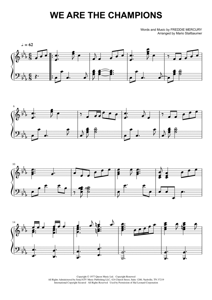We Are The Champions Piano Solo scores gallery preview page 1