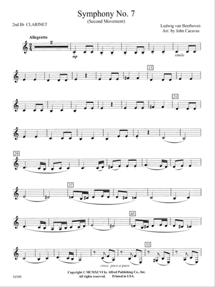 Symphony No. 7 (Second Movement): 2nd B-flat Clarinet Concert Band scores gallery preview page 1