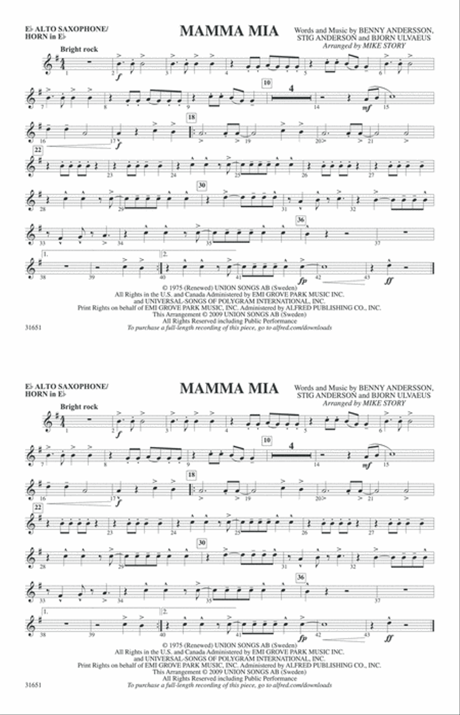 Mamma Mia: E-flat Alto Saxophone Marching Band scores gallery preview page 1