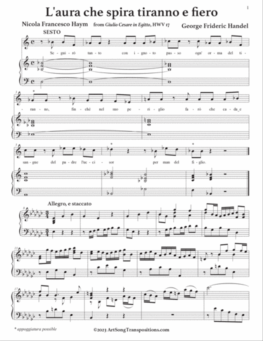 HANDEL: L’aura che spira tiranno e fiero (transposed to E-flat minor) Voice scores gallery preview page 2