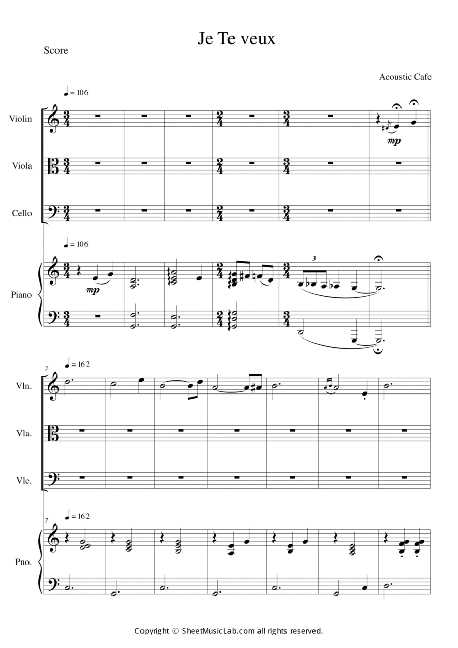 Je Te Veux (Acoustic Cafe Version) Piano Quartet scores gallery preview page 1