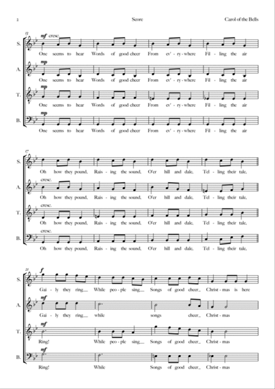 Carol of The Bells (SATB Choir) 4-Part scores gallery preview page 2