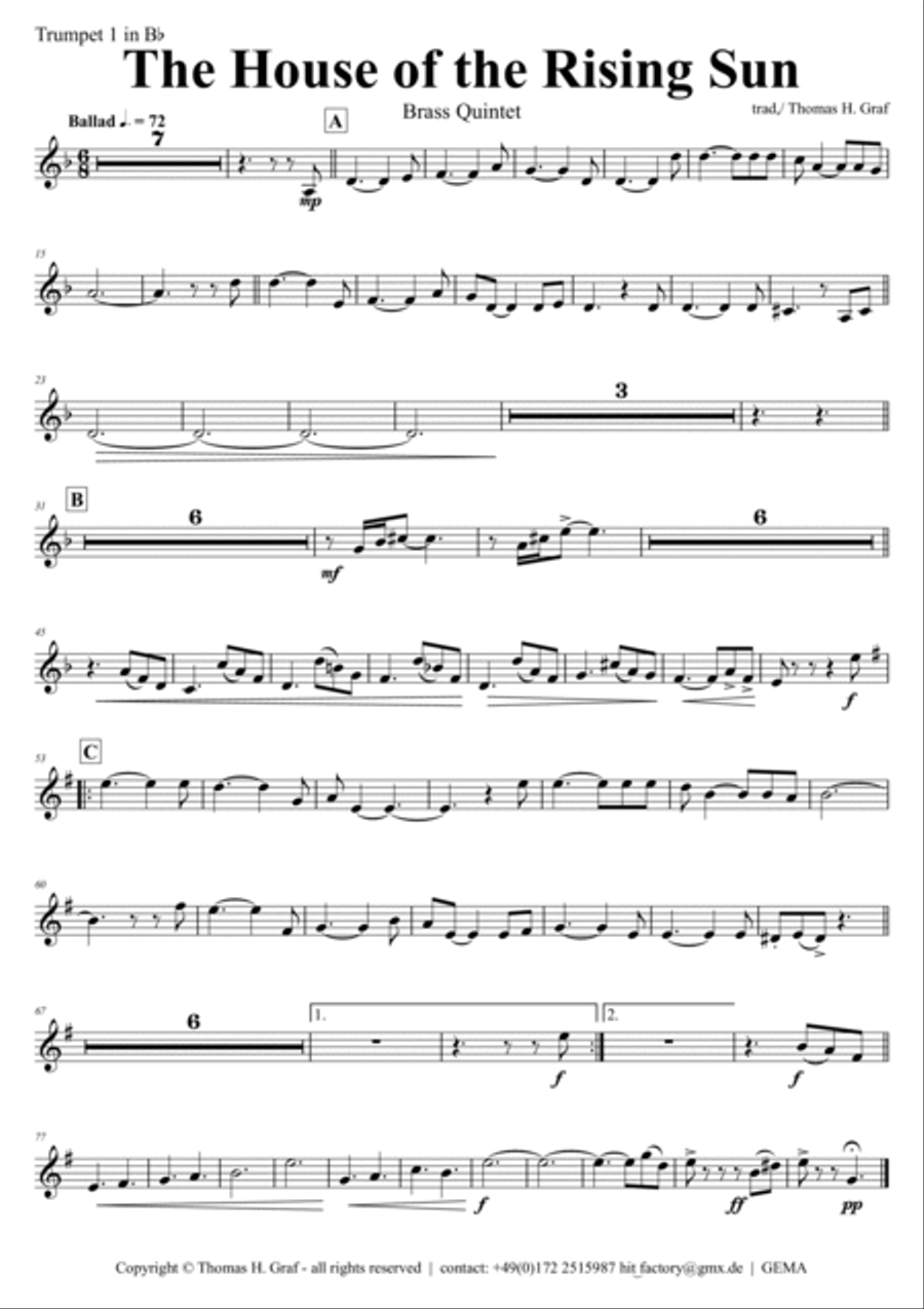 The house of the rising sun - Folk Song - Brass Quintet Brass Quintet scores gallery preview page 5