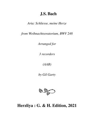 Aria: Schliesse, meine Herze from Christmas oratorio, BWV 248 (arrangement for 3 recorders)