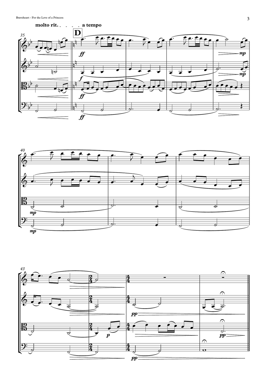For The Love Of A Princess from the Twentieth Century Fox Motion Picture BRAVEHEART String Quartet scores gallery preview page 3