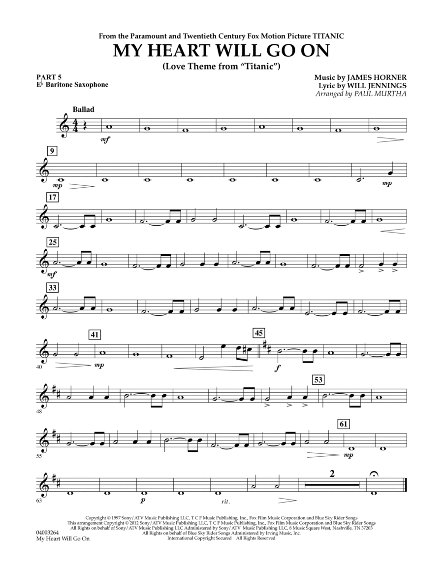 My Heart Will Go On (Love Theme from Titanic) - Pt.5 - Eb Baritone Saxophone Concert Band scores gallery preview page 1