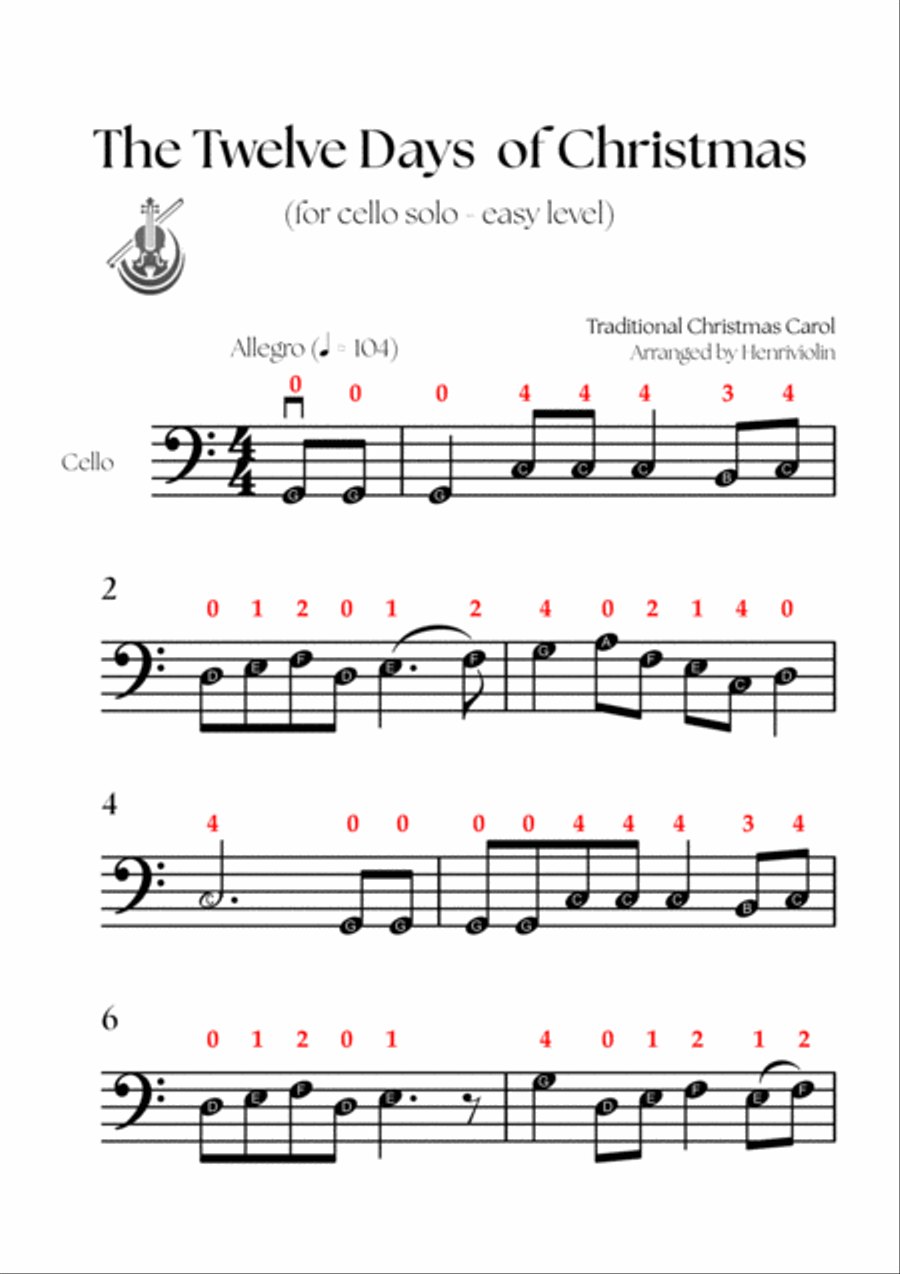 The Twelve Days of Christmas (CELLO SOLO - EASY LEVEL) Cello Solo scores gallery preview page 2