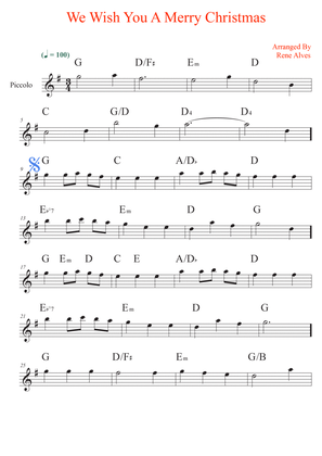 We Wish You A Merry Christmas, sheet music and piccolo melody for the beginning musician (easy).