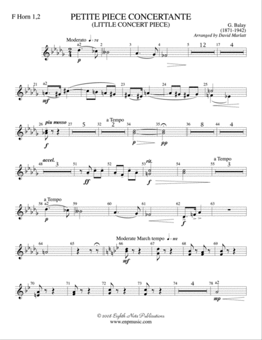 Petite Piece Concertante (Little Concert Piece) (Solo Cornet and Concert Band): 1st & 2nd F Horns Concert Band scores gallery preview page 1