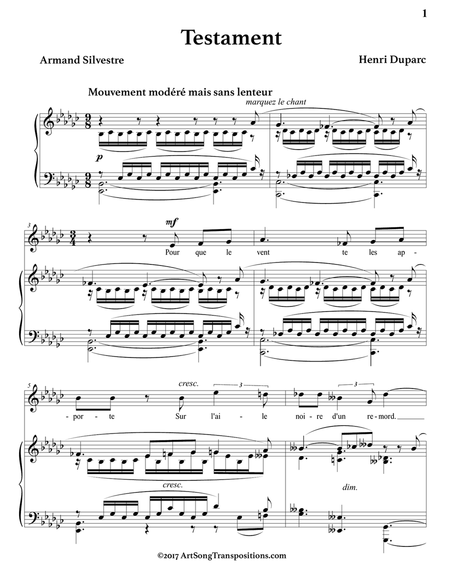 DUPARC: Testament (transposed to E-flat minor) Piano, Vocal scores gallery preview page 2