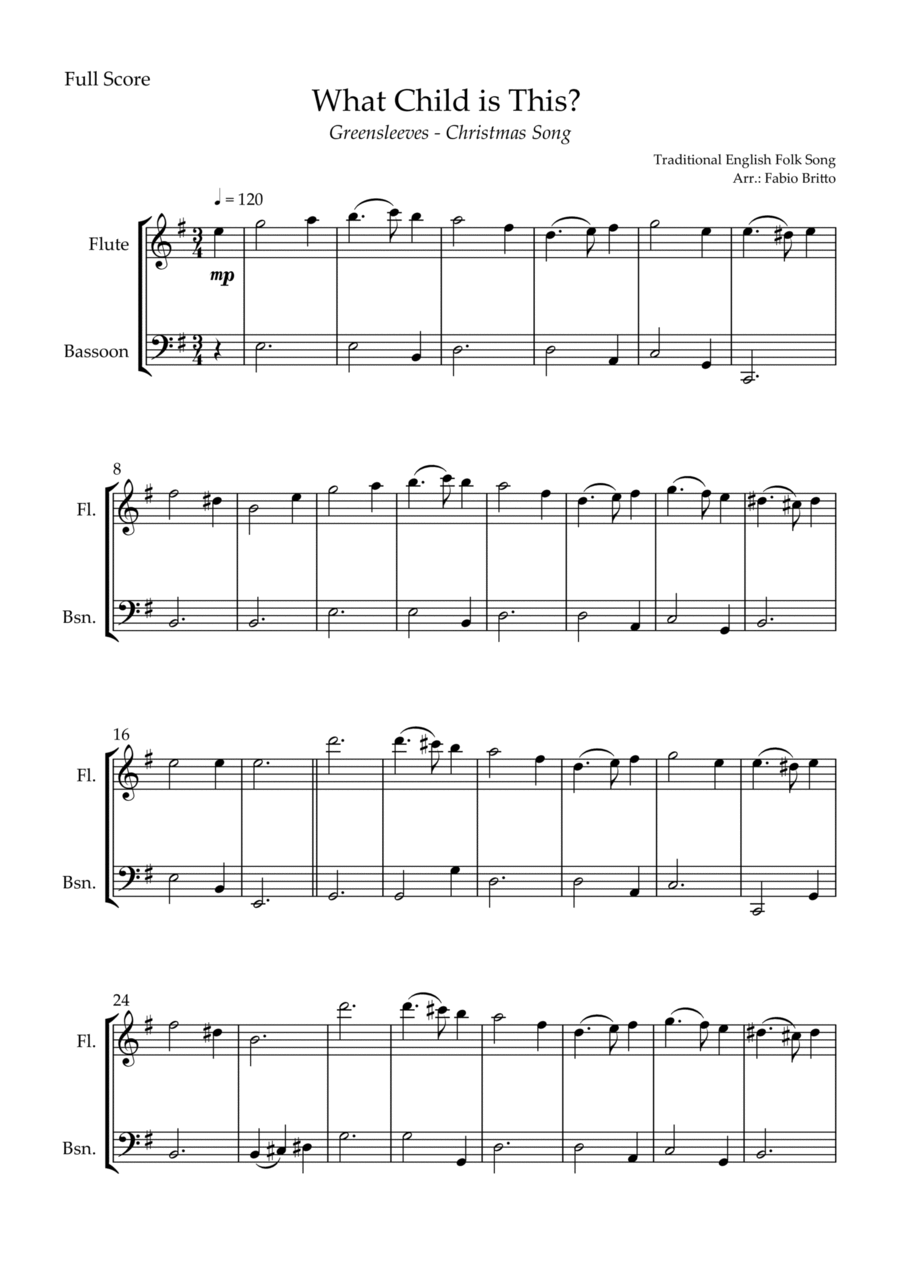 What Child is This? - Greensleeves (Christmas Song) for Flute & Bassoon Duo What Child is This? - Greensleeves (Christmas Song) for Flute & Bassoon Duo Woodwind Duet scores gallery preview page 1