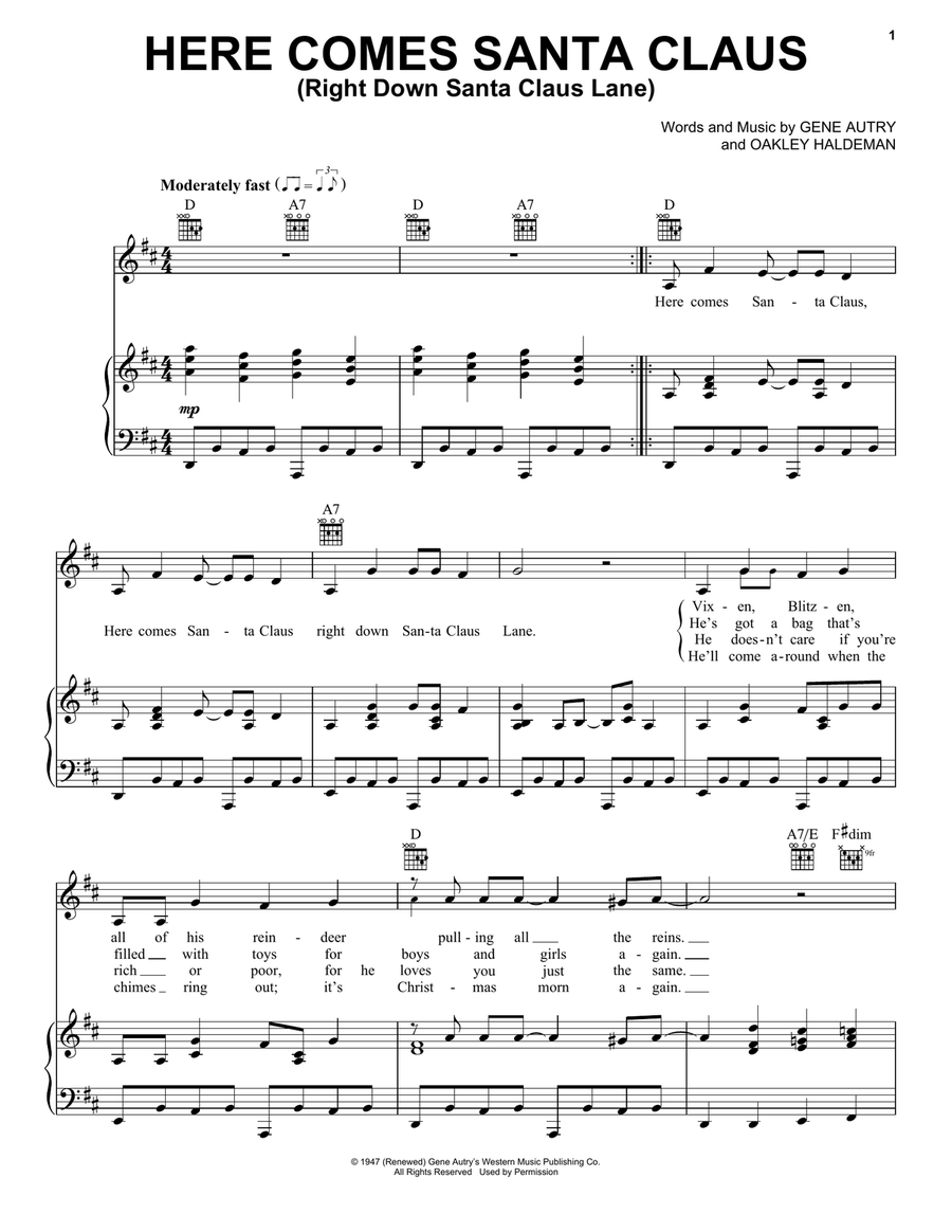Here Comes Santa Claus (Right Down Santa Claus Lane) Piano, Vocal, Guitar scores gallery preview page 1