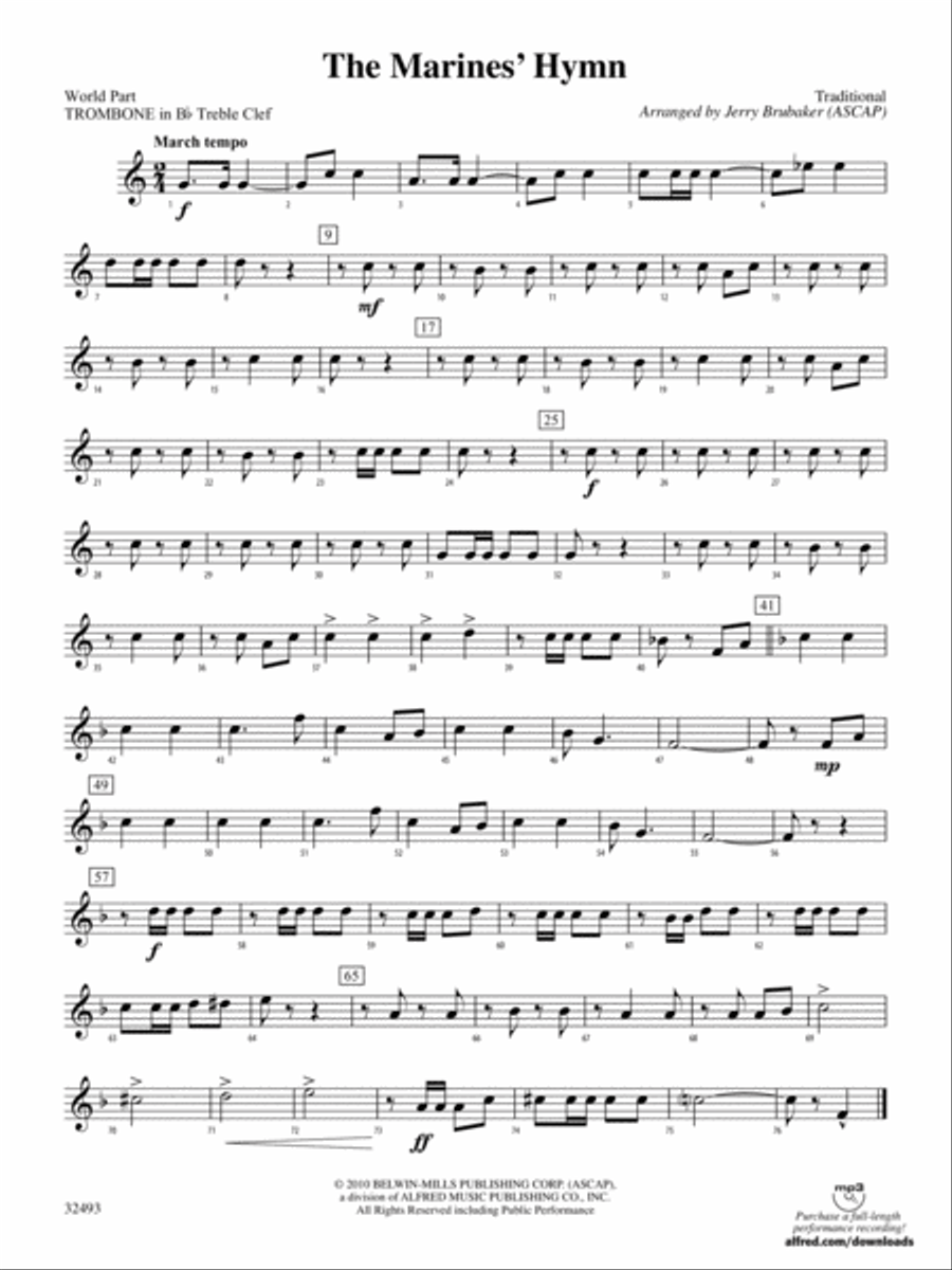 The Marines' Hymn: (World Part) 1st B-flat Trombone T.C. Concert Band scores gallery preview page 1