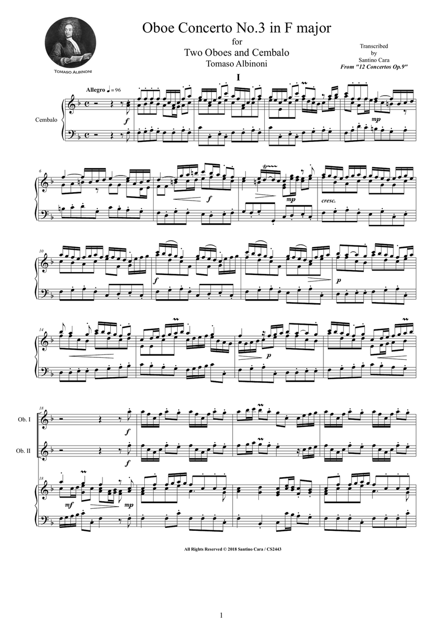 Albinoni - Oboe Concerto No.3 in F major Op.9 for Two Oboes and Cembalo or Piano Harpsichord scores gallery preview page 1