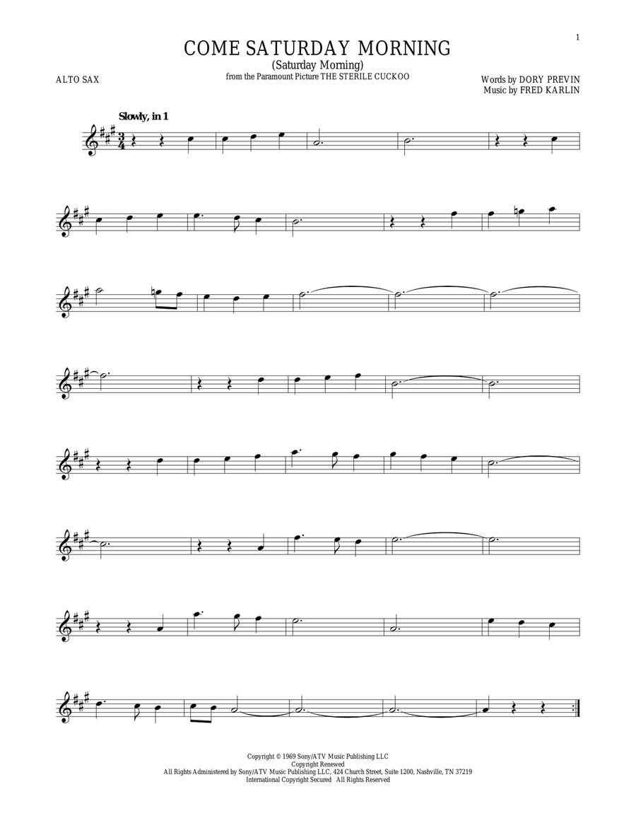 Come Saturday Morning (Saturday Morning) Alto Saxophone scores gallery preview page 1