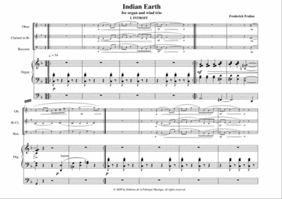 Frederick Frahm: Indian Earth for oboe (flute), Bb clarinet, bassoon and organ