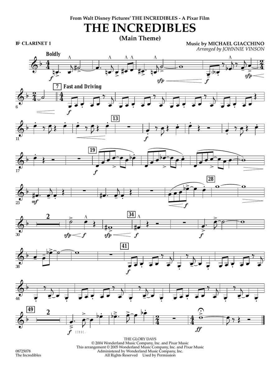 The Incredibles (Main Theme) (arr. Johnnie Vinson) - Bb Clarinet 1 Concert Band scores gallery preview page 1