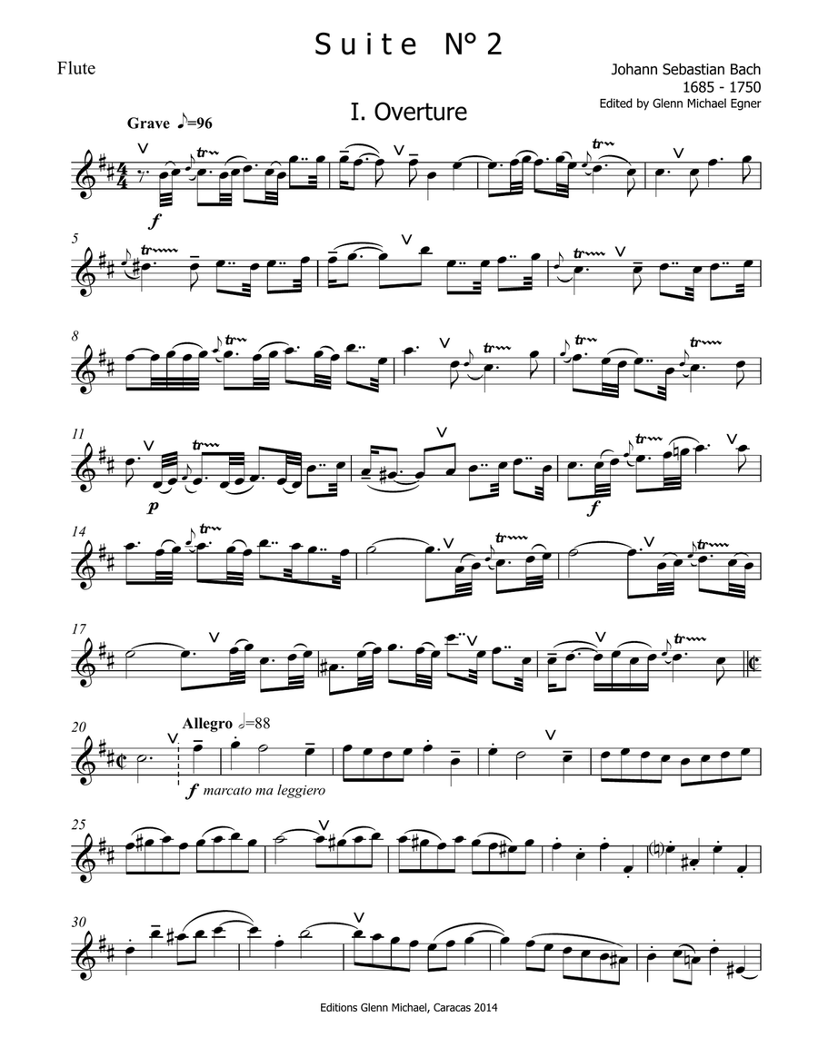 Bach Suite # 2 in B minor for flute & strings Chamber Orchestra scores gallery preview page 1