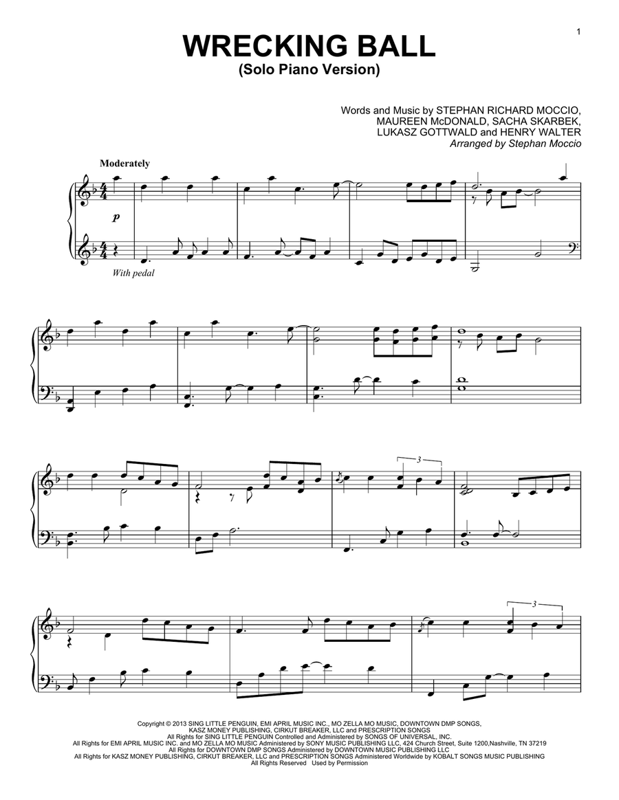 Wrecking Ball (Solo Piano Version) (arr. Stephan Moccio) Piano Solo scores gallery preview page 1
