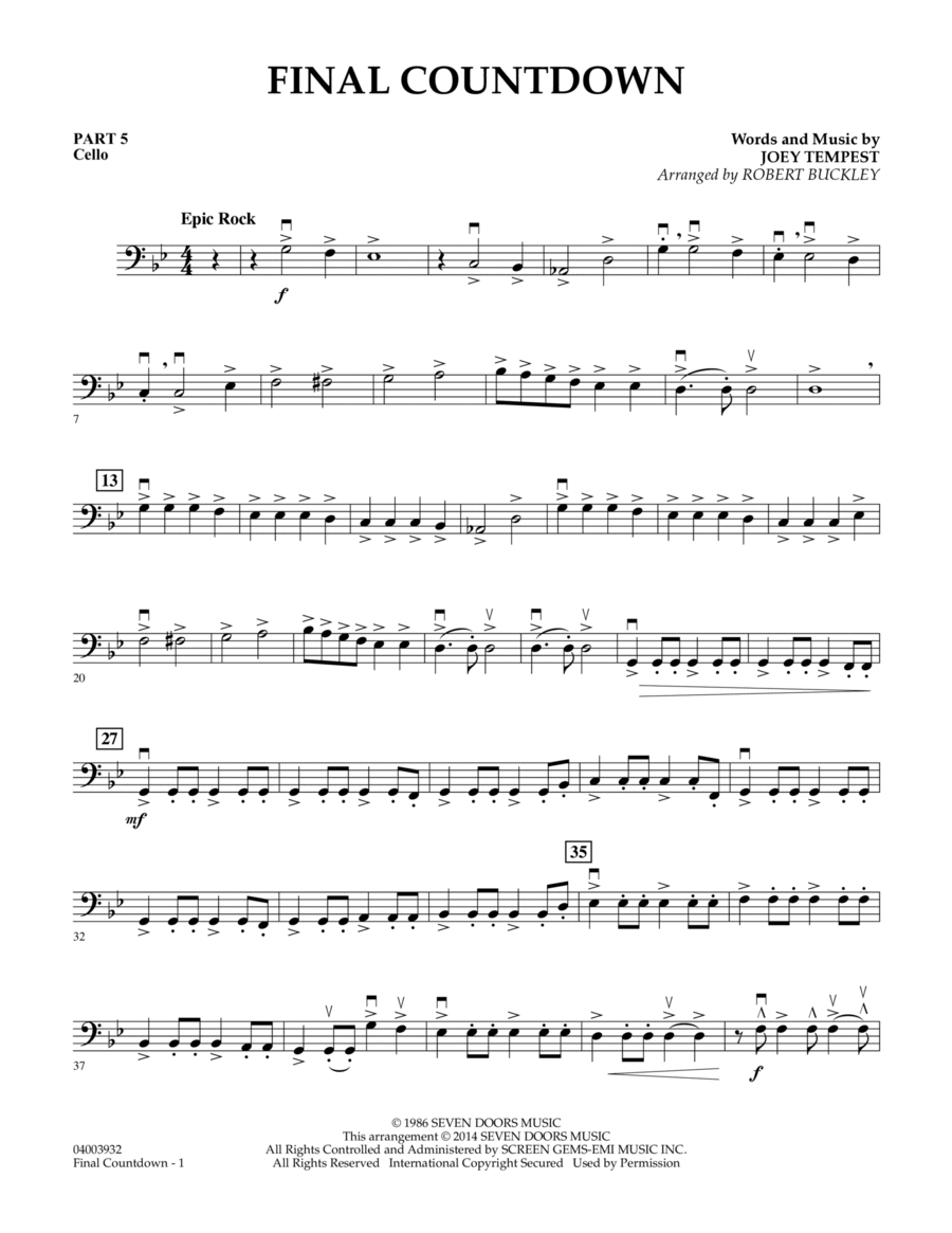 Final Countdown - Pt.5 - Cello Concert Band scores gallery preview page 1
