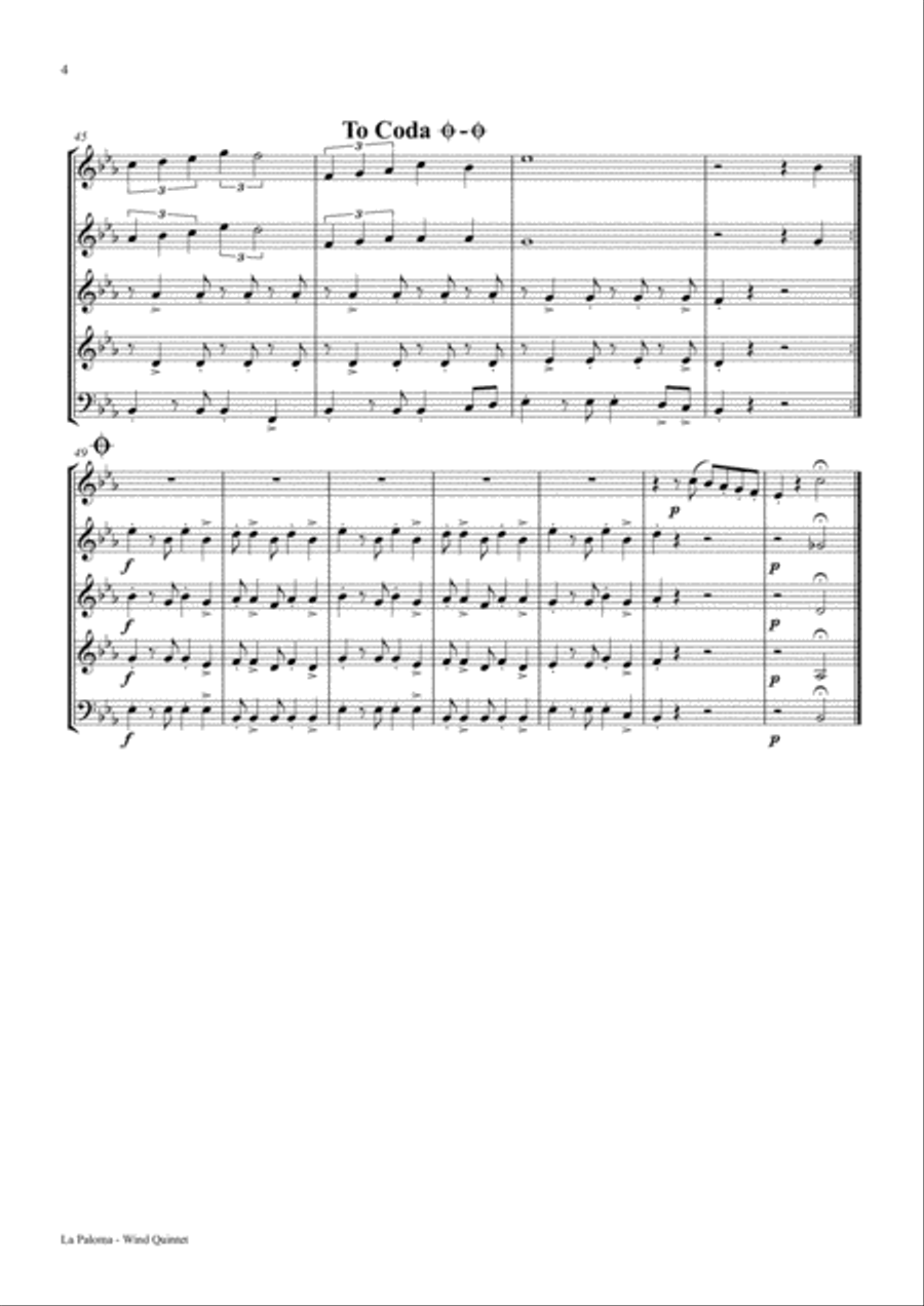 La Paloma - Spanish Habanera - Wind Quintet Woodwind Quintet scores gallery preview page 4