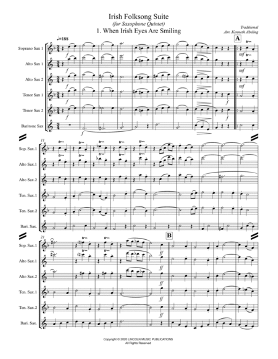 Irish Folksong Suite (for Saxophone Quintet SATTB or AATTB) Saxophone Quintet scores gallery preview page 2
