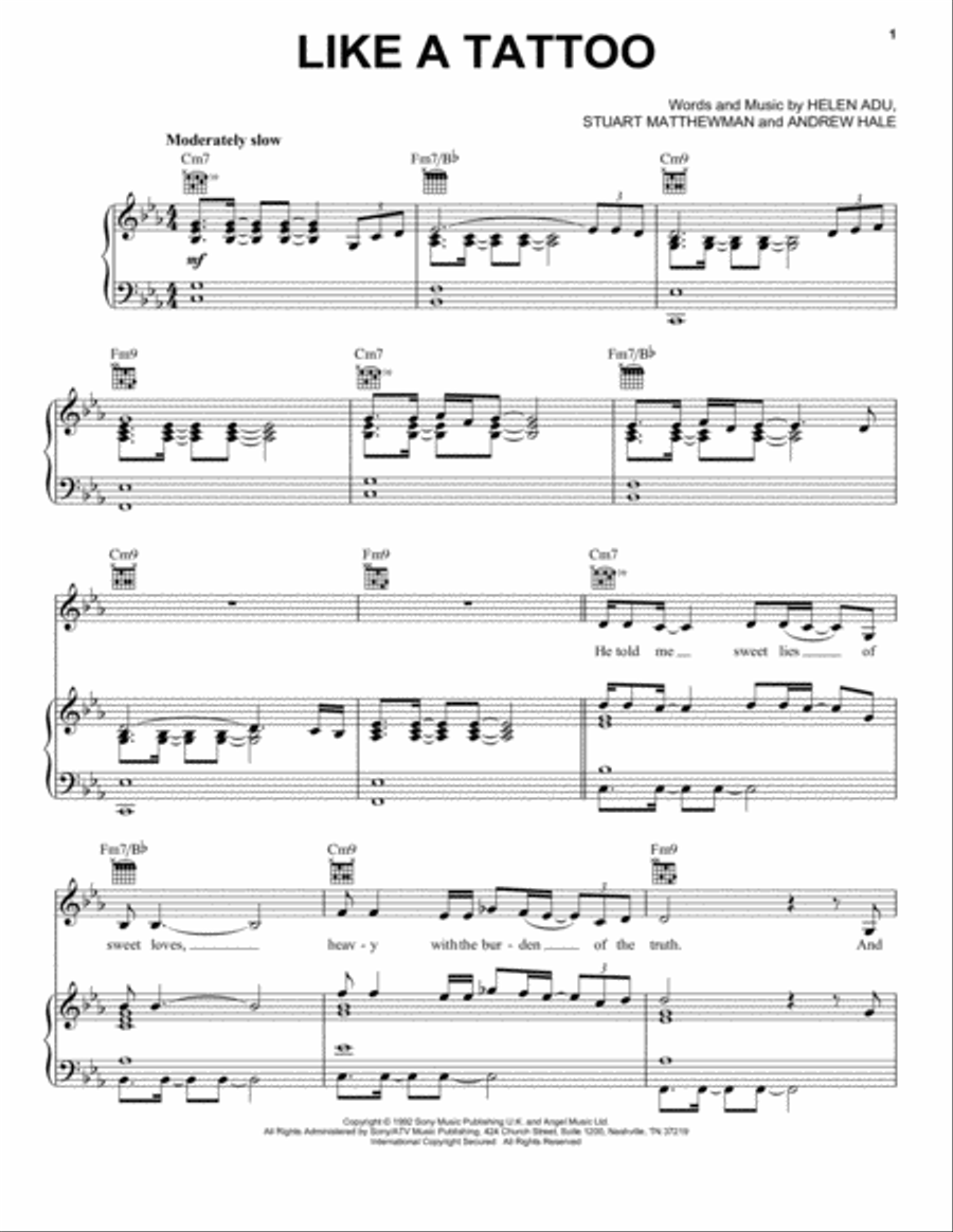 Like A Tattoo Piano, Vocal, Guitar scores gallery preview page 1